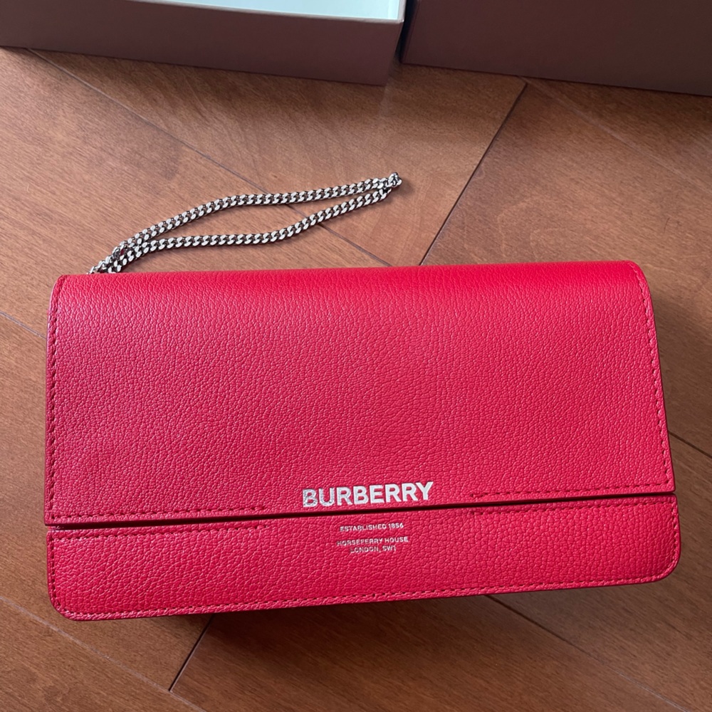Burberry Bright Red Goat Leather Grace Clutch with Chain Strap